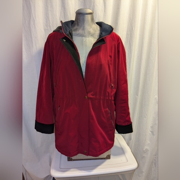 Womens Classic NAUTICA Jacket Sz Large Flannel Lined Removable Hood- Red/Black - Picture 1 of 12